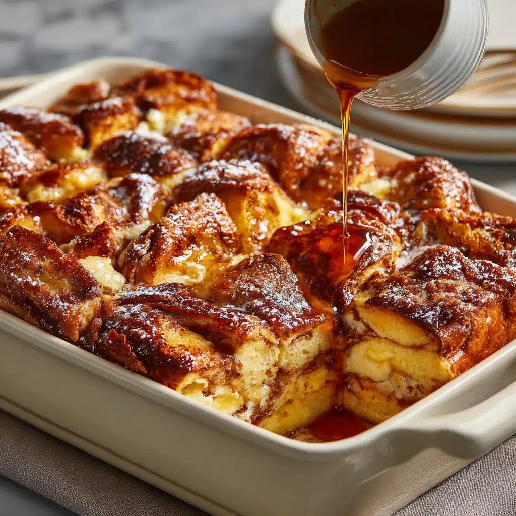 Indulge in Croissant French Toast Casserole Bliss 3 Delicious croissant French toast casserole topped with syrup and berries.