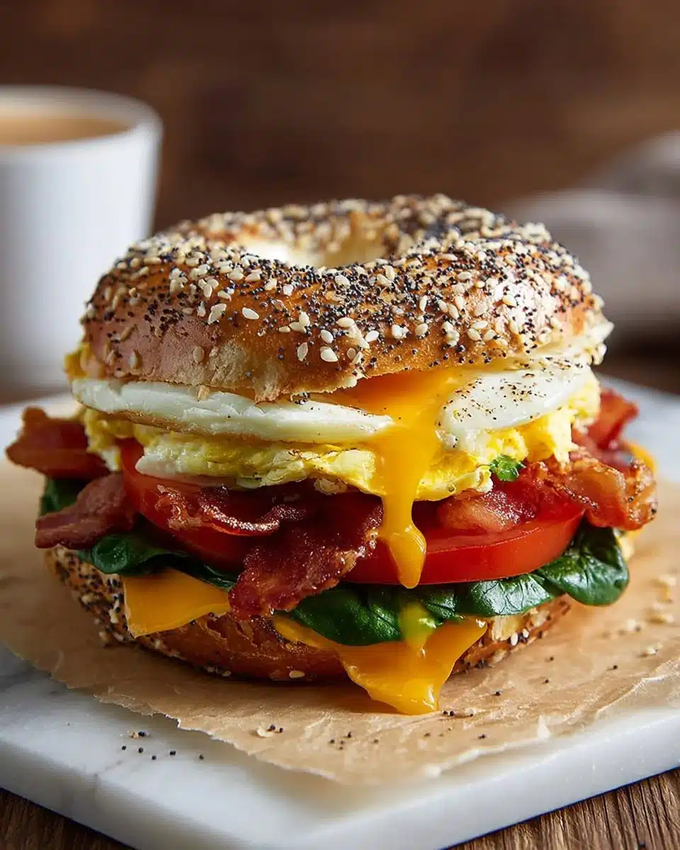 Everything Bagel Breakfast Sandwich with egg and toppings on a plate