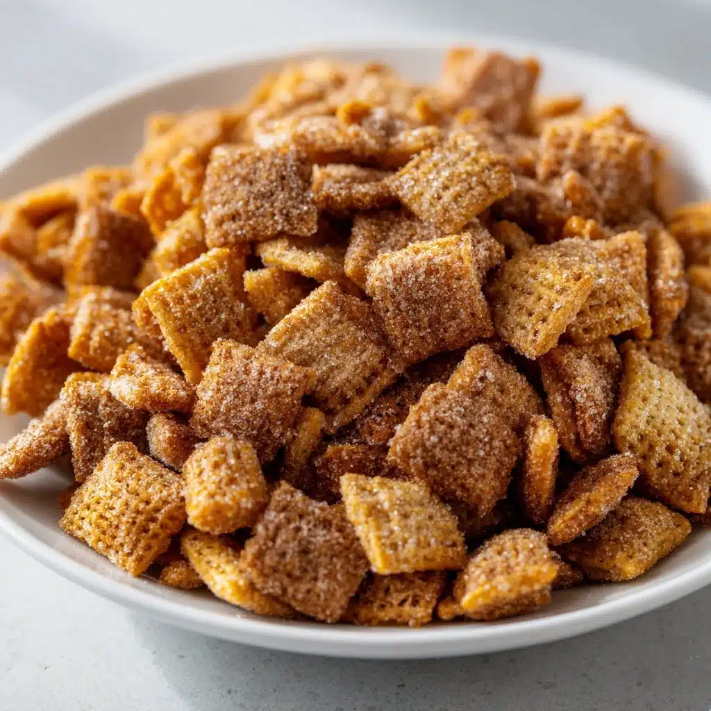 Bowl of homemade cinnamon toast crunch cereal with milk.
