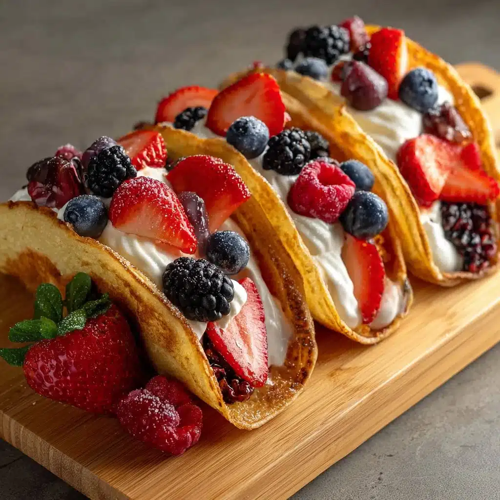 Whimsical Pancake Tacos: A Fun Twist on Breakfast Delights 3 Delicious pancake tacos filled with fruits and syrup on a plate