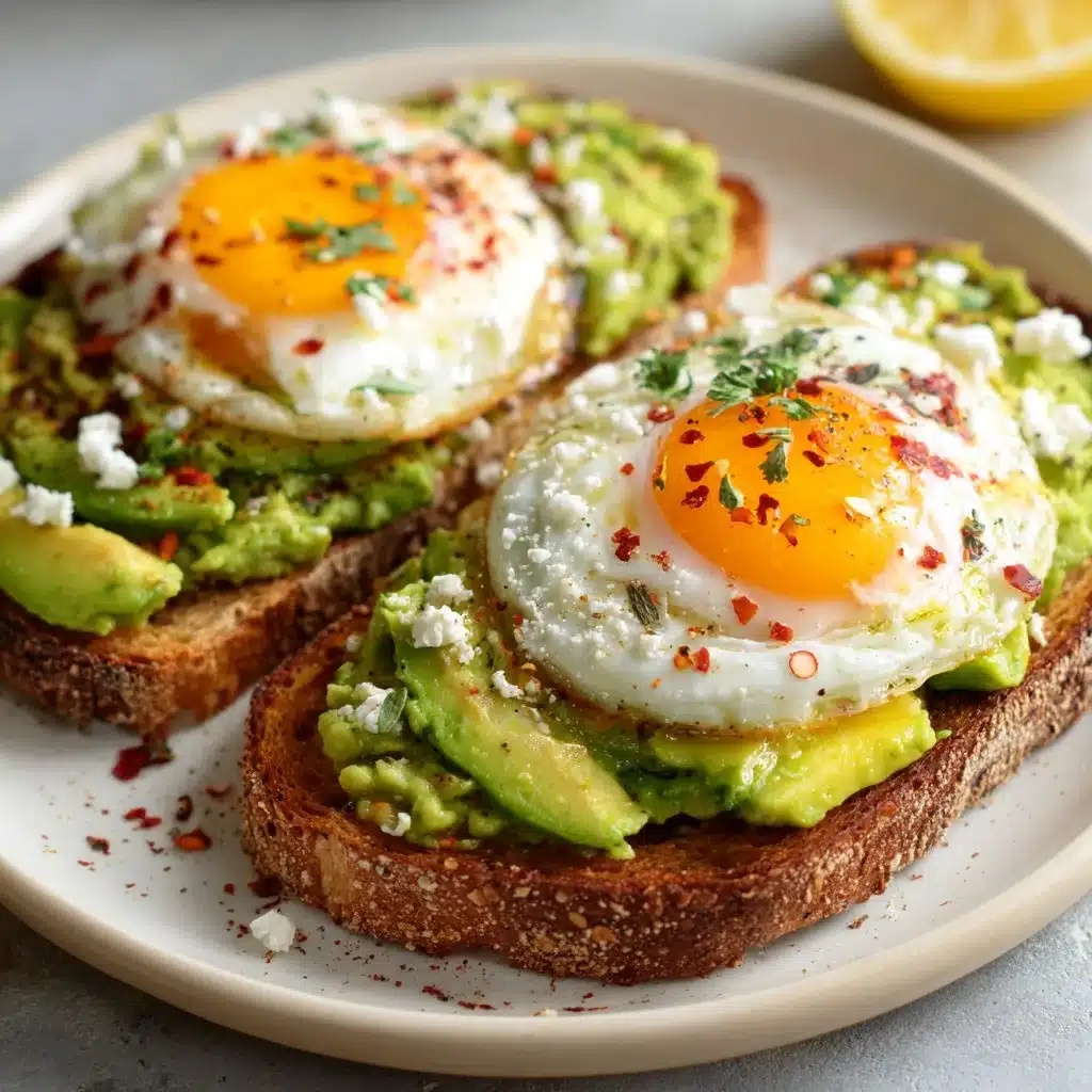 Perfectly Creamy Avocado Egg Toast: A Delicious Start to Your Day 3 Creamy avocado-egg toast served on whole grain bread with seasoning.