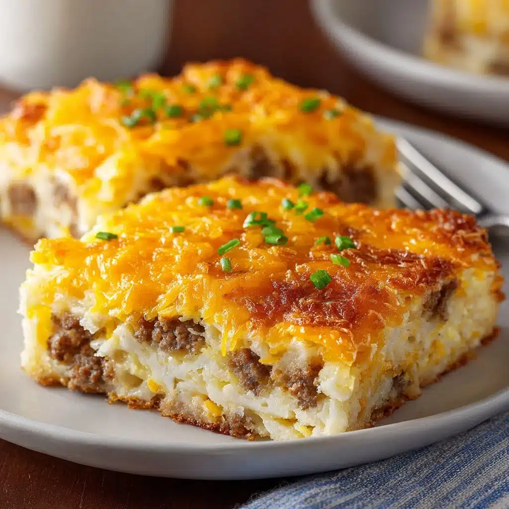 Sausage Hash Brown Breakfast Casserole served in a baking dish with fresh herbs