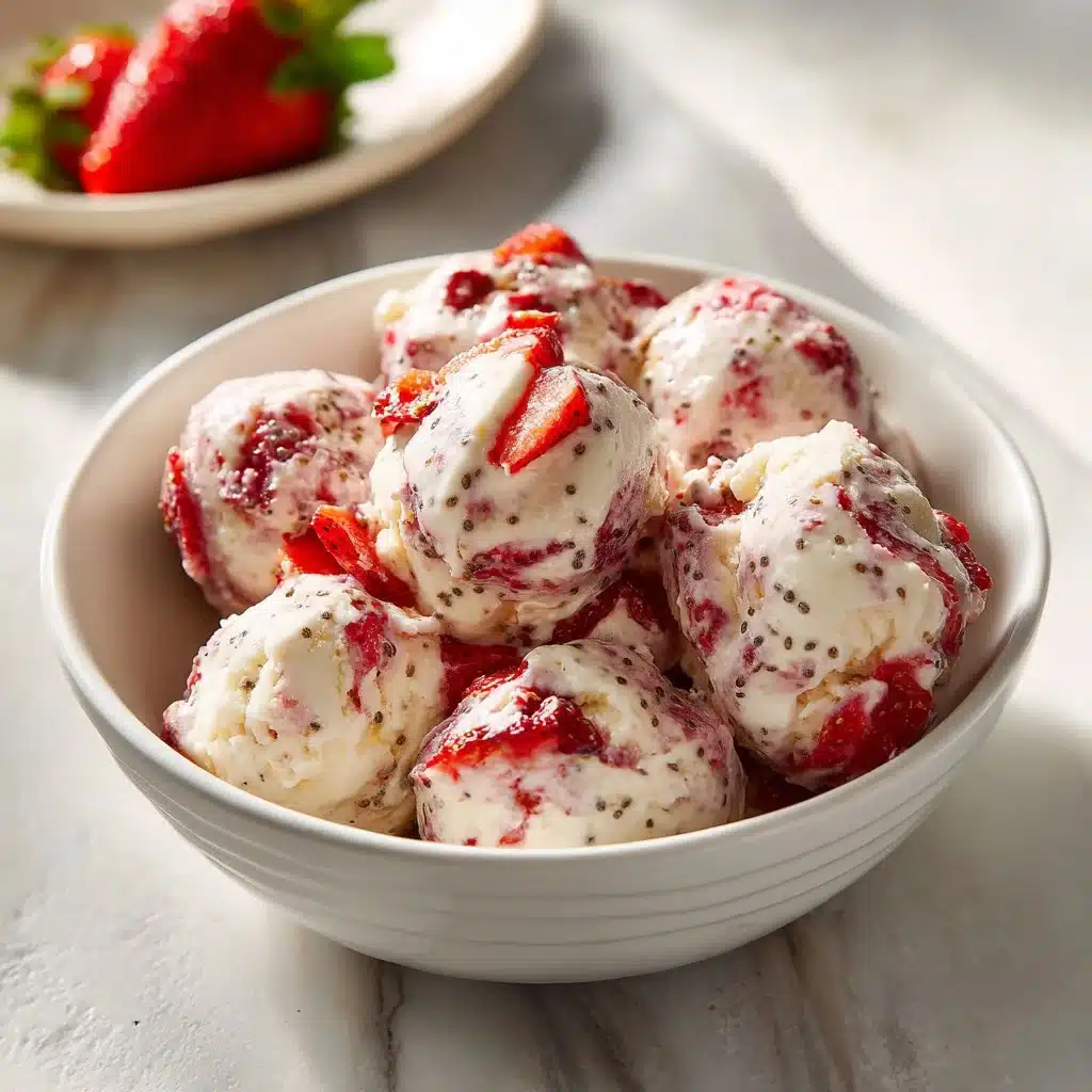 Strawberry high protein yogurt bites in a bowl with fresh strawberries.