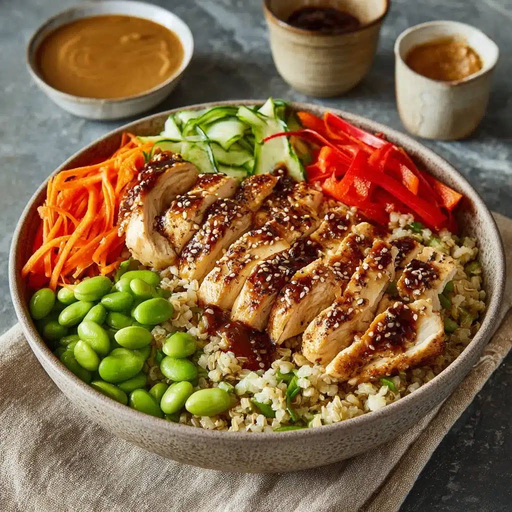 Delicious Thai Peanut Chicken Buddha Bowl Recipe 3 Healthy Thai Peanut Chicken Buddha Bowl topped with fresh vegetables and nuts