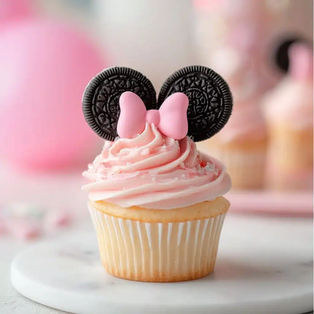 Adorable Minnie Mouse Cupcakes: A Fun Baking Adventure 3 Delicious Minnie Mouse cupcakes decorated with fondant ears and bows.