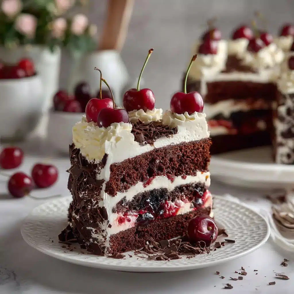 Indulge in a Slice of Heaven: Black Forest Ice Cream Cake 3 Delicious Black Forest Ice Cream Cake with chocolate, cherries, and whipped cream