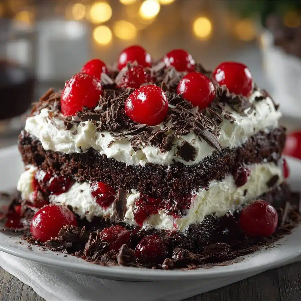 Delicious Black Forest Poke Cake topped with cherries and chocolate whipped cream