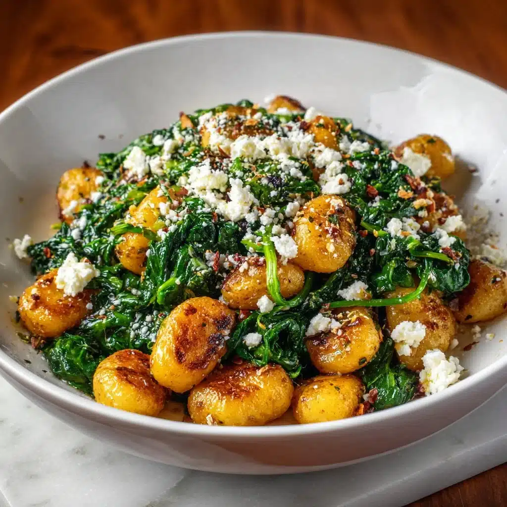 Plate of creamy gnocchi with spinach and feta cheese garnished with herbs