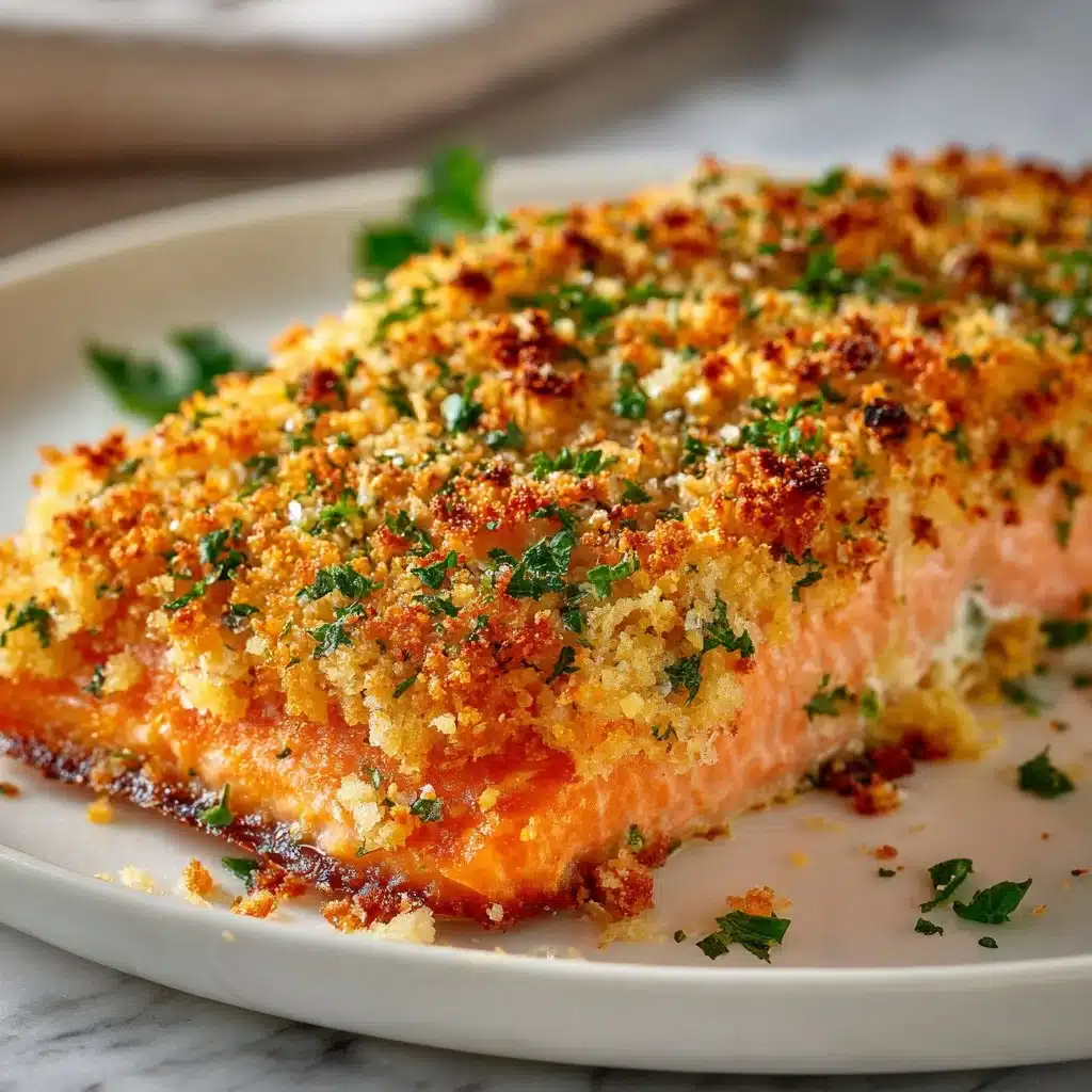 Crispy Parmesan Salmon Bake on a plate garnished with herbs