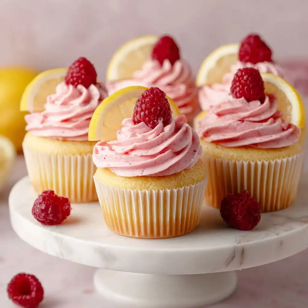 Delightful Lemon Cupcakes with Raspberry Buttercream Frosting 3 Delicious lemon cupcakes with raspberry buttercream frosting on a decorative plate