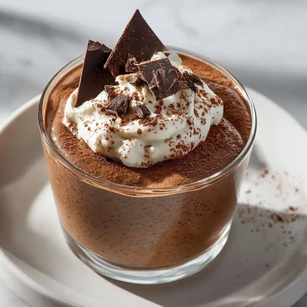 High protein chocolate chia seed pudding in a bowl with toppings