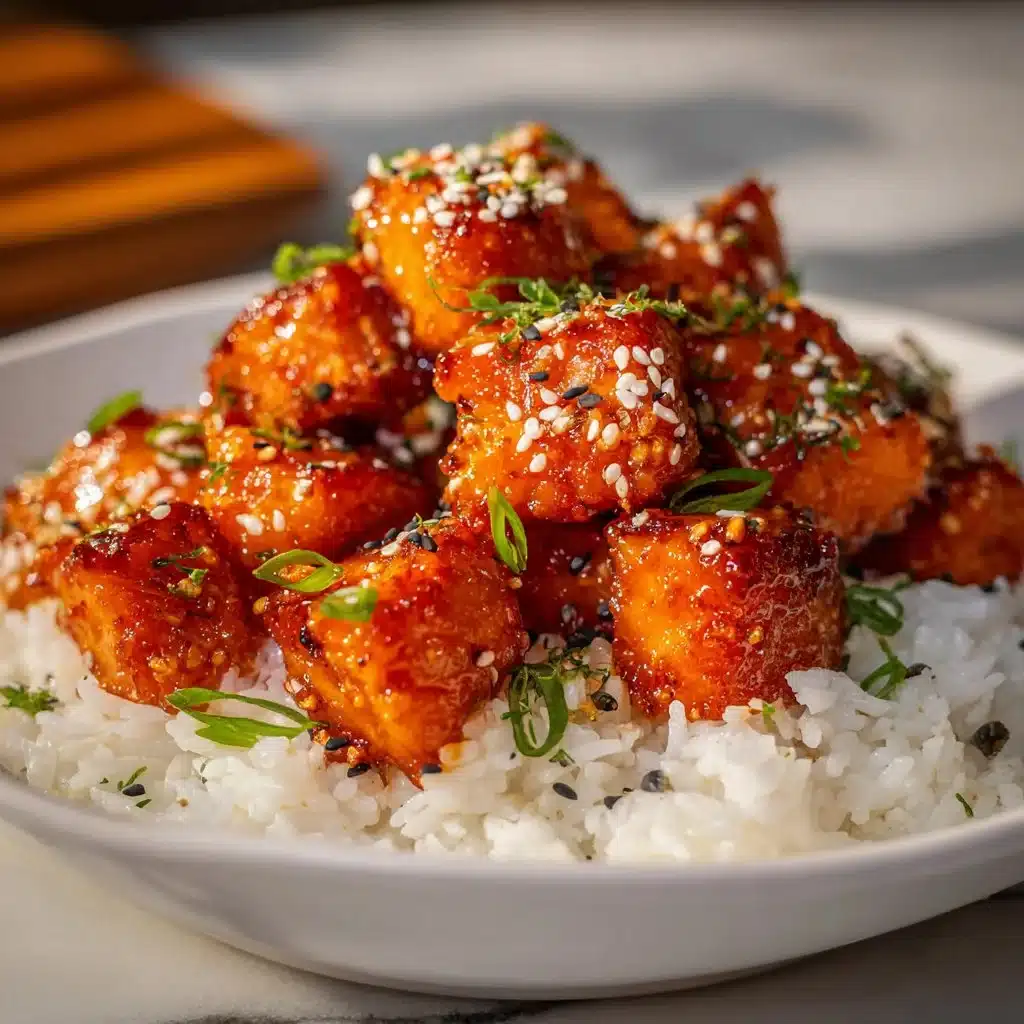 Delicious honey garlic salmon bites garnished with fresh herbs on a plate