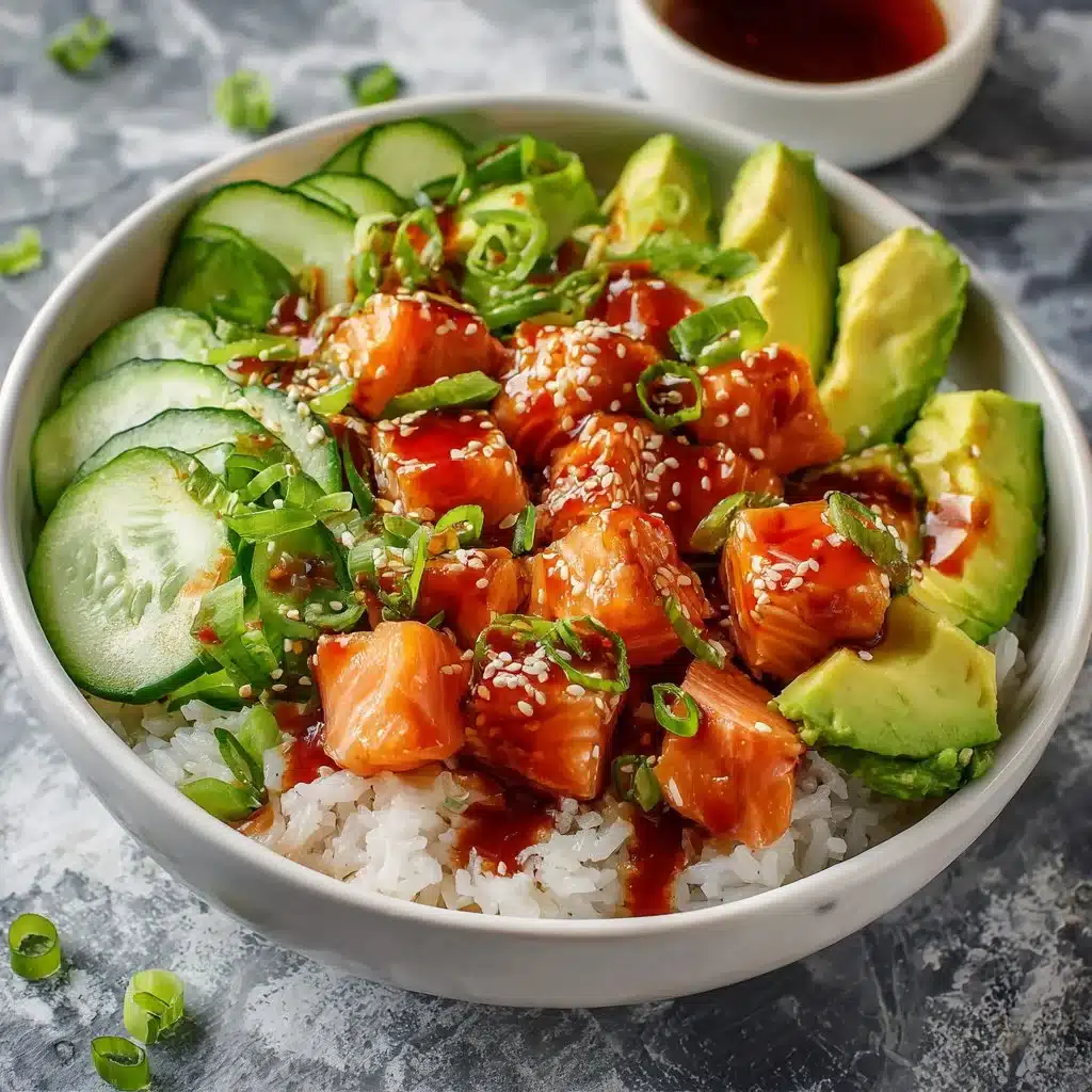 Sweet and Spicy Honey Sriracha Salmon Bowls Recipe 3 Honey Sriracha Salmon bowl topped with fresh vegetables and garnishes