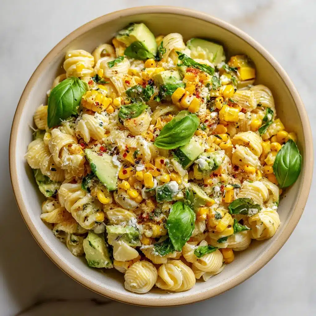 Delicious bowl of street corn pasta salad with vibrant ingredients.