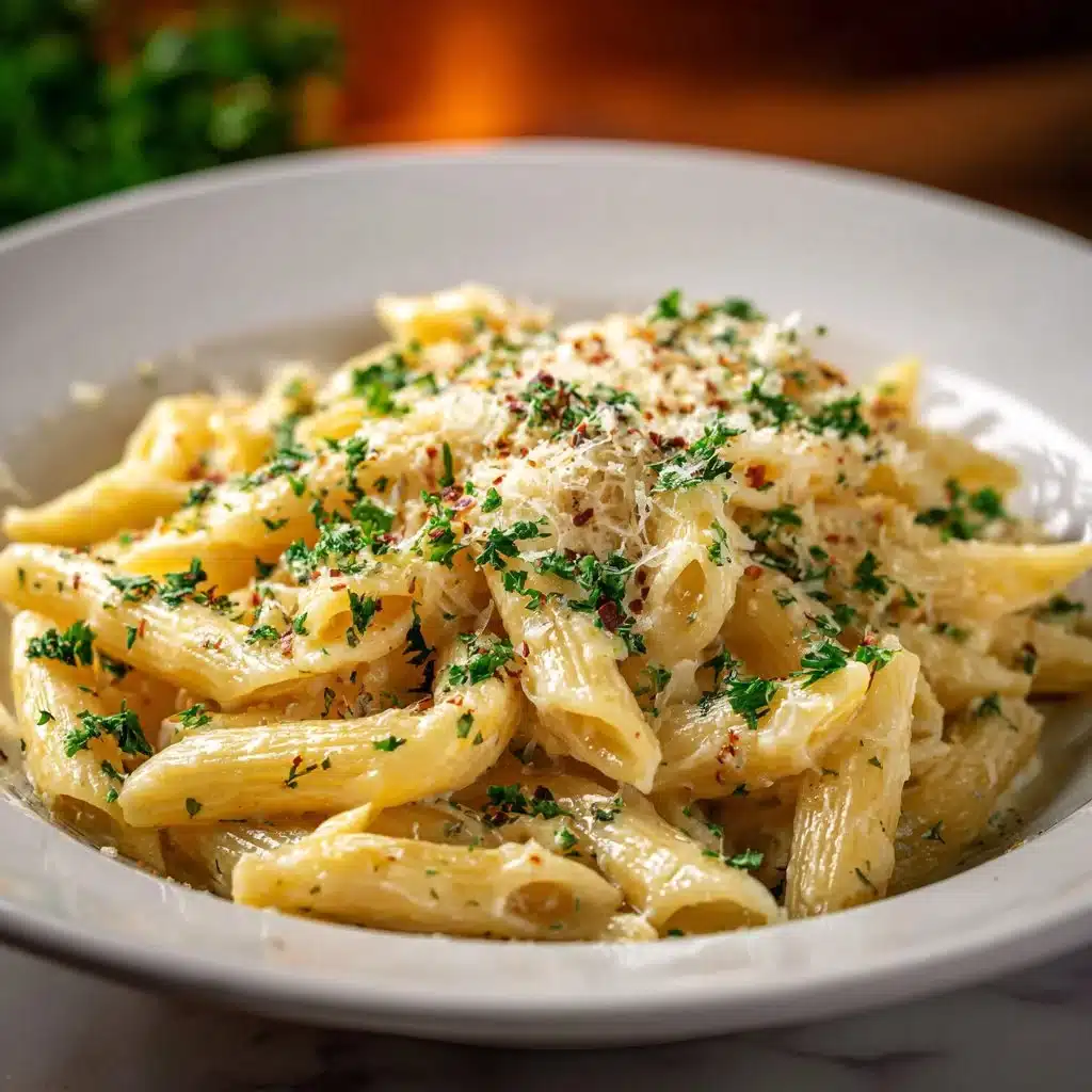 One Pot Creamy Garlic Pasta: Simple, Delicious Comfort 3 One Pot Creamy Garlic Pasta topped with parsley in a skillet.