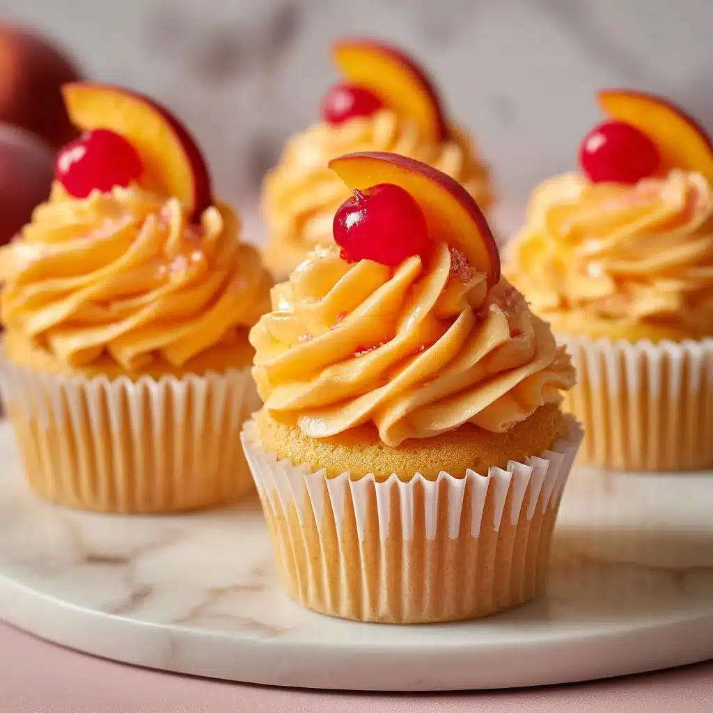 Scrumptious Peach Bellini Cupcakes to Delight Your Taste Buds 3 Delicious Peach Bellini Cupcakes topped with fruity frosting and garnished with peach slices.