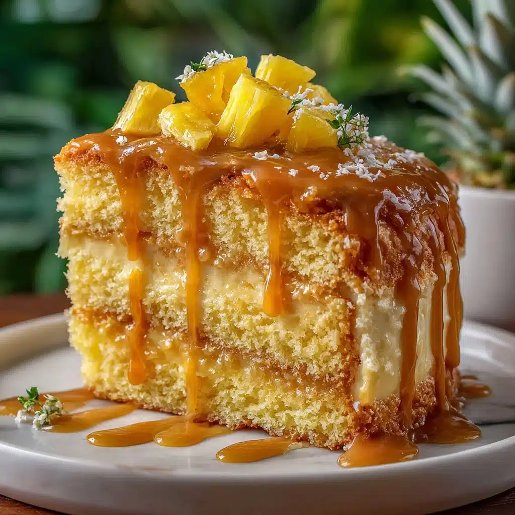 Sliced Pineapple Heaven Cake decorated with fresh pineapples and whipped cream
