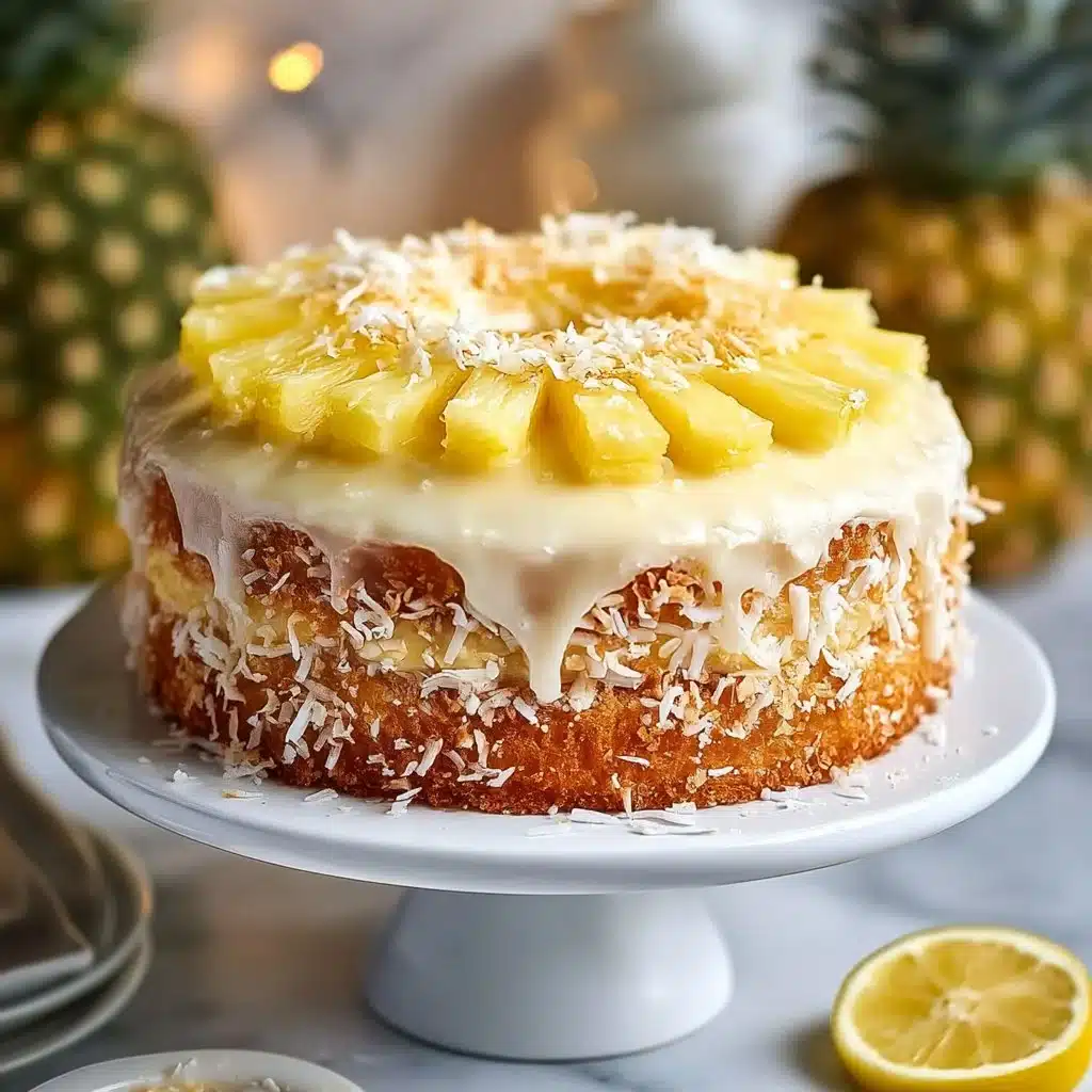 Delicious Pineapple Juice Cake topped with fresh fruit and cream, showcasing a fruity dessert treat.