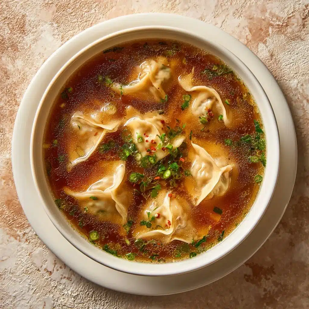 Bowl of flavorful potsticker soup with dumplings, vegetables, and broth.
