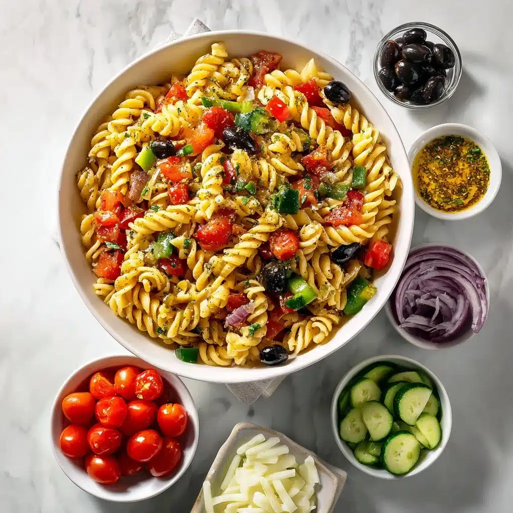 Delicious pasta salad with Italian dressing and fresh vegetables
