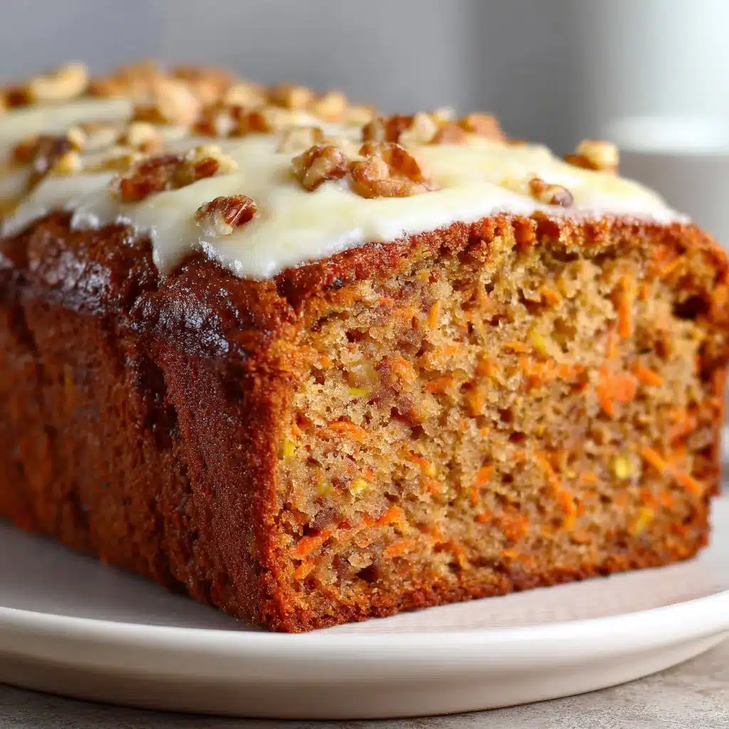 Homemade carrot cake banana bread with cream cheese frosting on a table