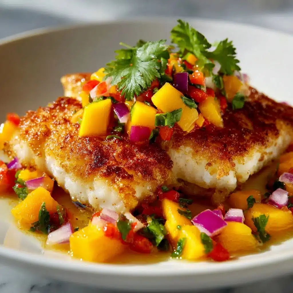 Coconut crusted fish served with vibrant mango salsa on a plate