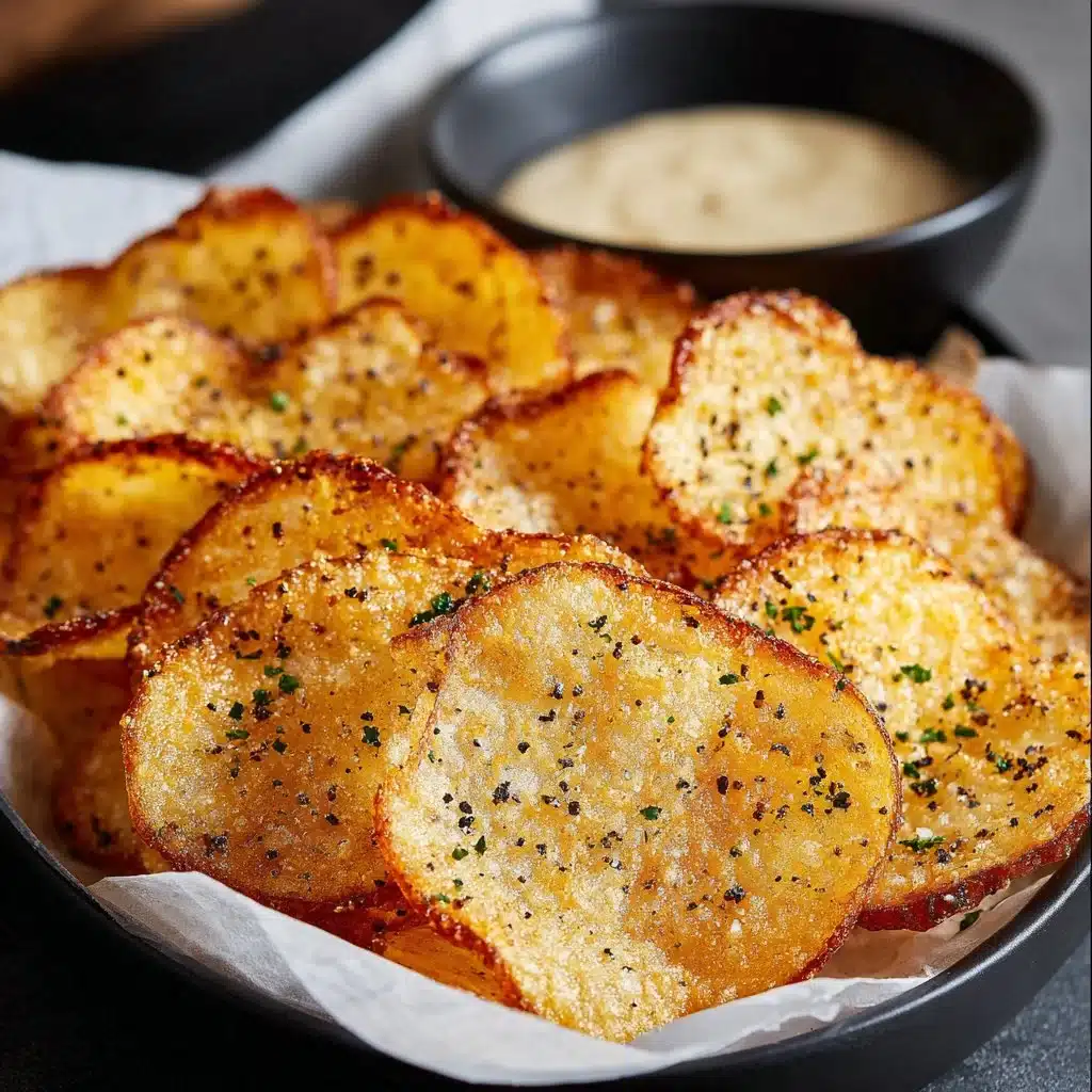 Homemade Cottage Cheese Chips served with a dip on a wooden plate