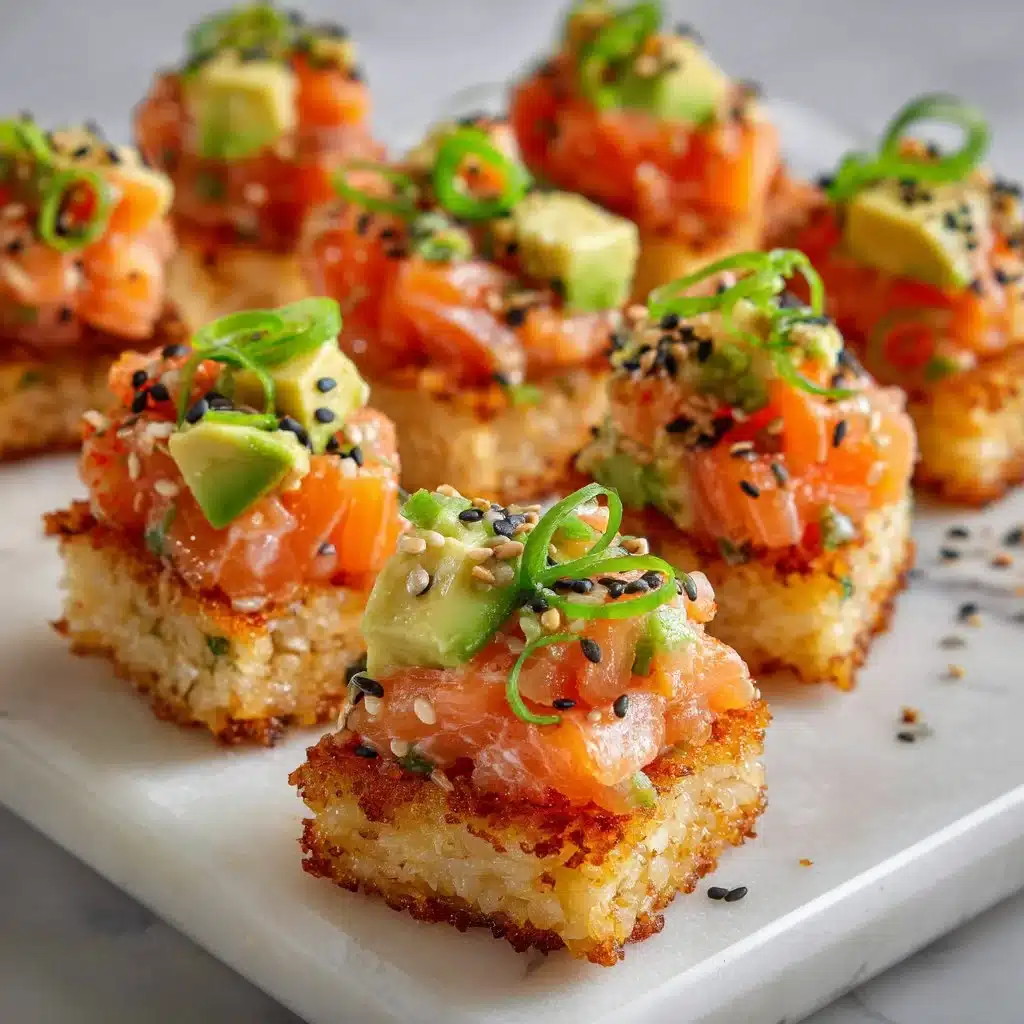 Delicious crispy rice salmon dish garnished with fresh herbs