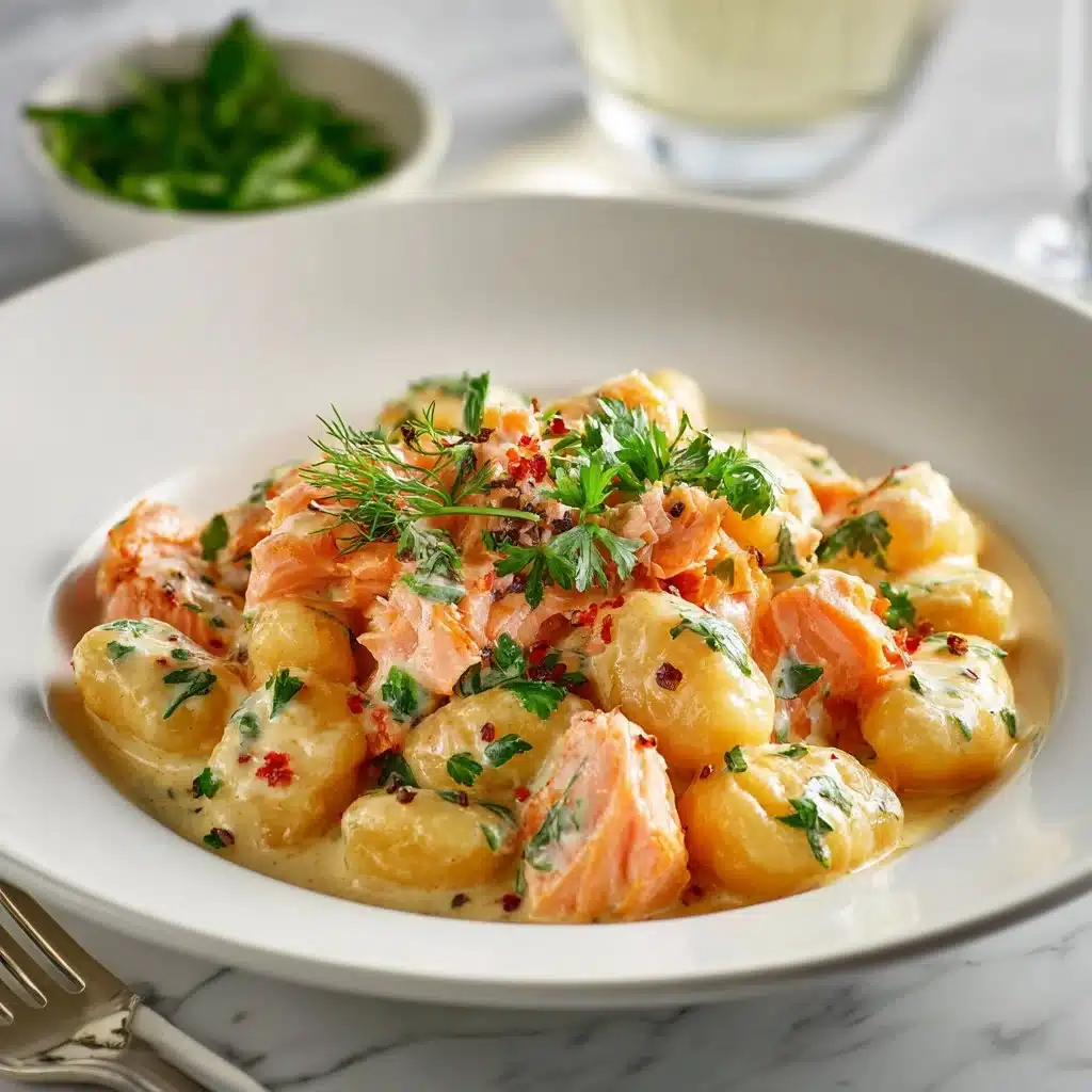 Plate of delicious smoked salmon gnocchi garnished with herbs