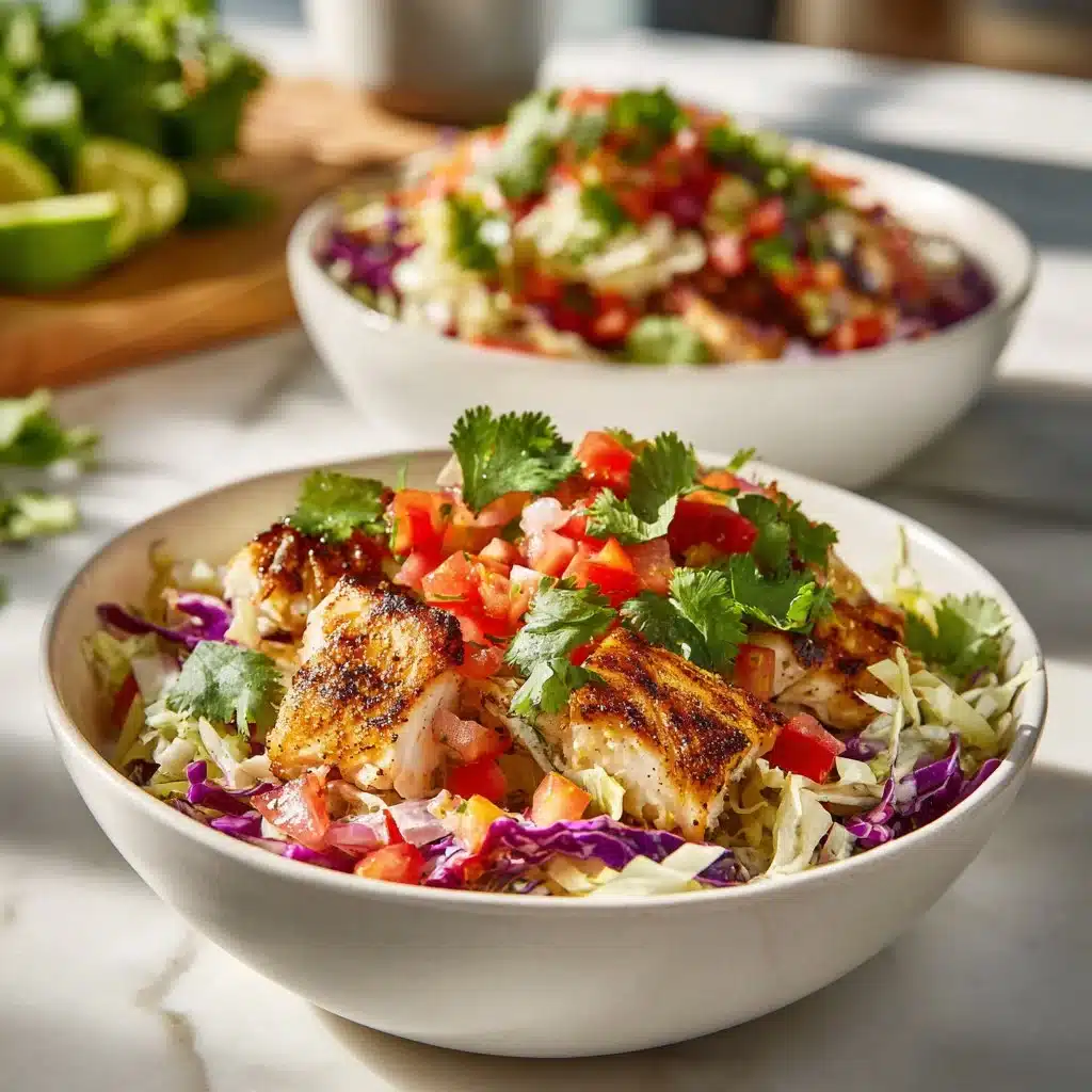 Easy Healthy Fish Taco Bowls: A Flavorful Delight in Every Bite 3 Healthy and easy fish taco bowls served in a colorful dish with fresh toppings.