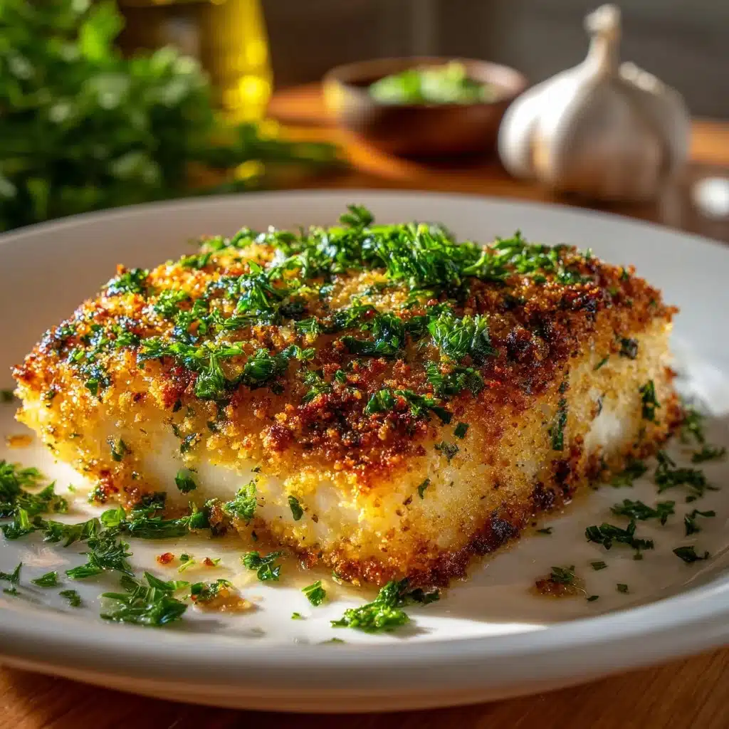 Deliciously baked Garlic Parmesan Crusted Halibut served with garnish
