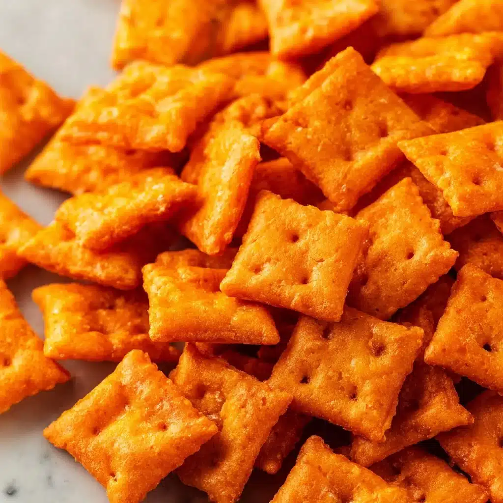 Homemade Cheez Its baked golden brown on a wooden plate.