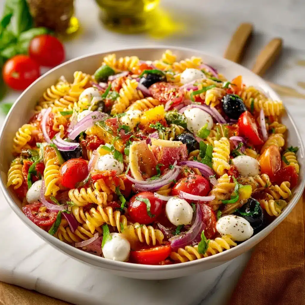 Whip Up This Legendary Pasta Salad for Every Occasion 3 A colorful bowl of legendary pasta salad with fresh vegetables and herbs