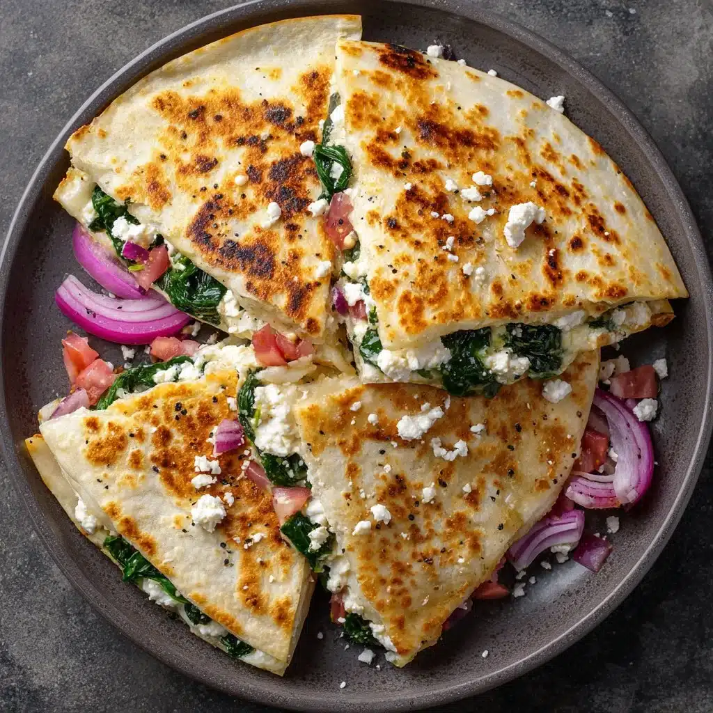 Mediterranean Quesadillas: A Flavorful Twist on a Classic 4 Mediterranean Quesadillas with Spinach, Feta, Mozzarella, and Red Onion