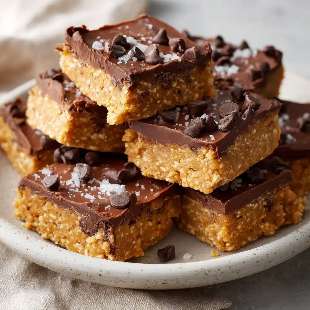 No bake cookie dough bars topped with chocolate chips and sprinkled with sea salt