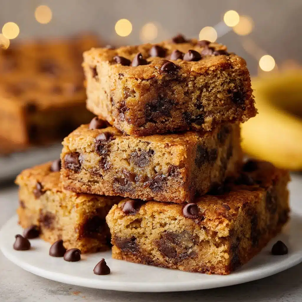 Nutty banana bread blondies with nuts and banana slices on a wooden table.
