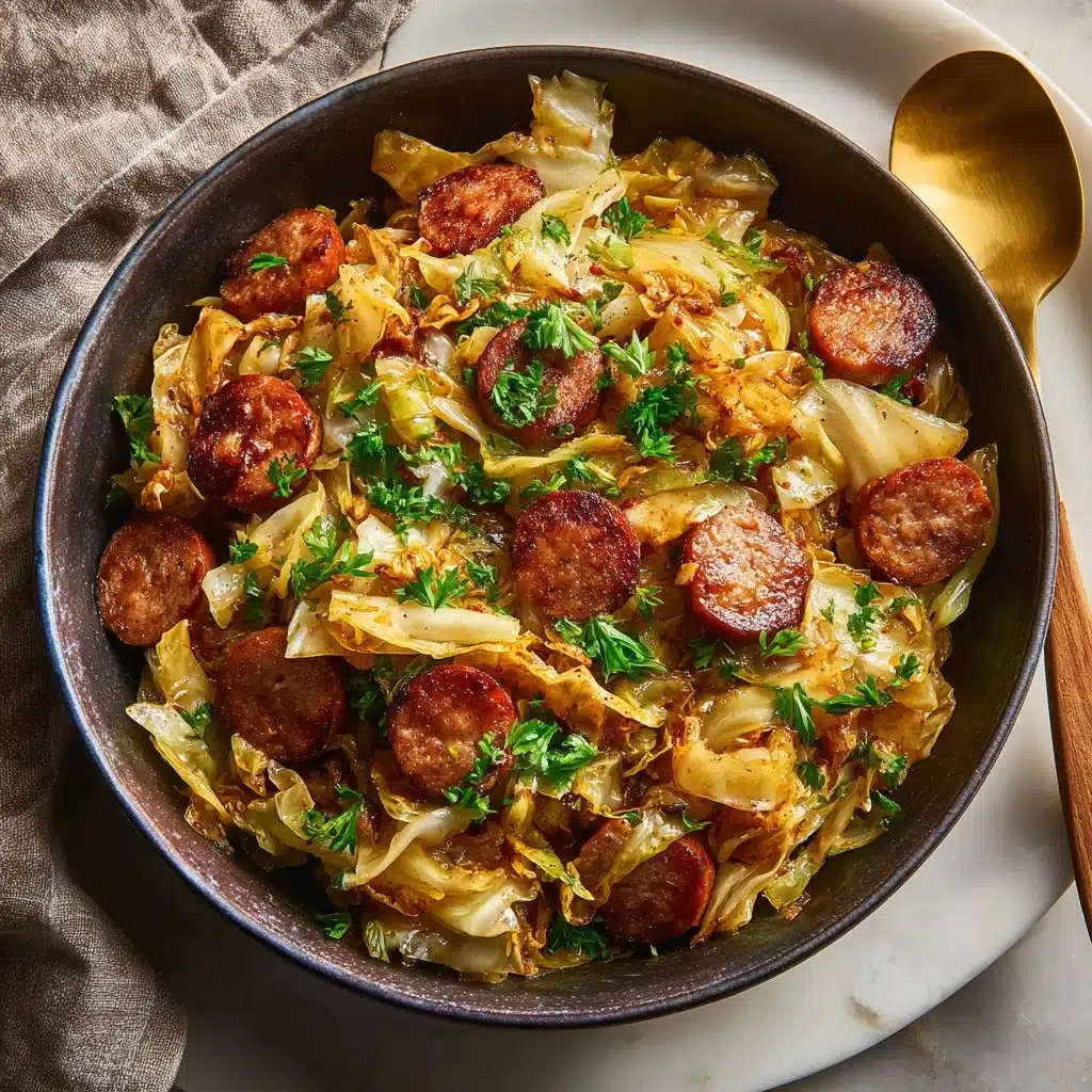 Sausage and cabbage stir fry served in a bowl with fresh vegetables