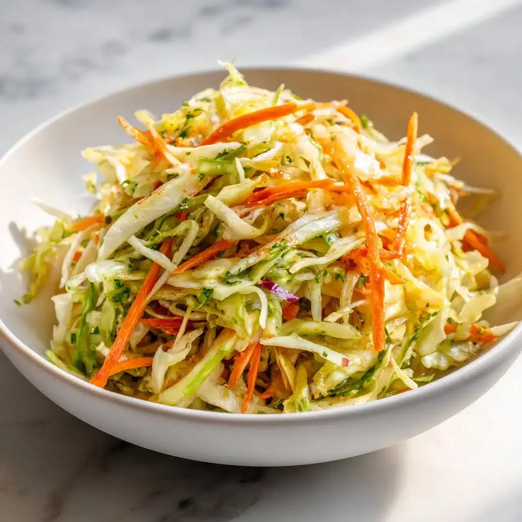 A bowl of fresh vinegar coleslaw with colorful shredded cabbage and carrots