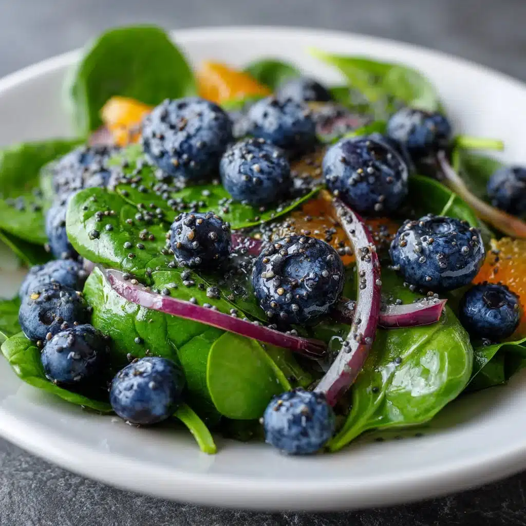 Blueberry spinach salad with orange poppy seed dressing served in a bowl