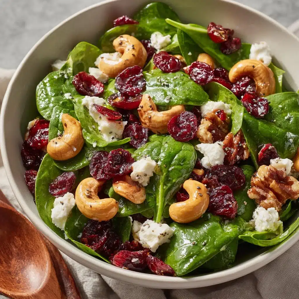 Cranberry Spinach Salad with Cashews and Goat Cheese 3 Cranberry Spinach Salad with Cashews and Goat Cheese on a wooden table