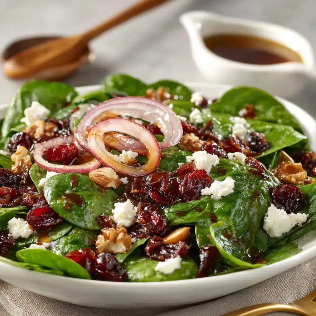 Festive Christmas Cranberry Spinach Salad with spinach, cranberries, and walnuts