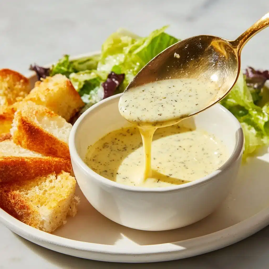Bowl of homemade Caesar dressing inspired by Olive Garden's recipe.