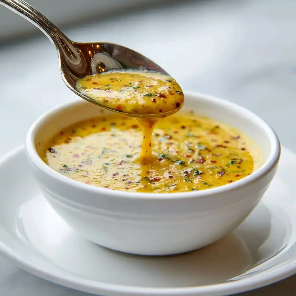 Bowl of Italian Garlic Lemon Mustard Dressing with fresh herbs