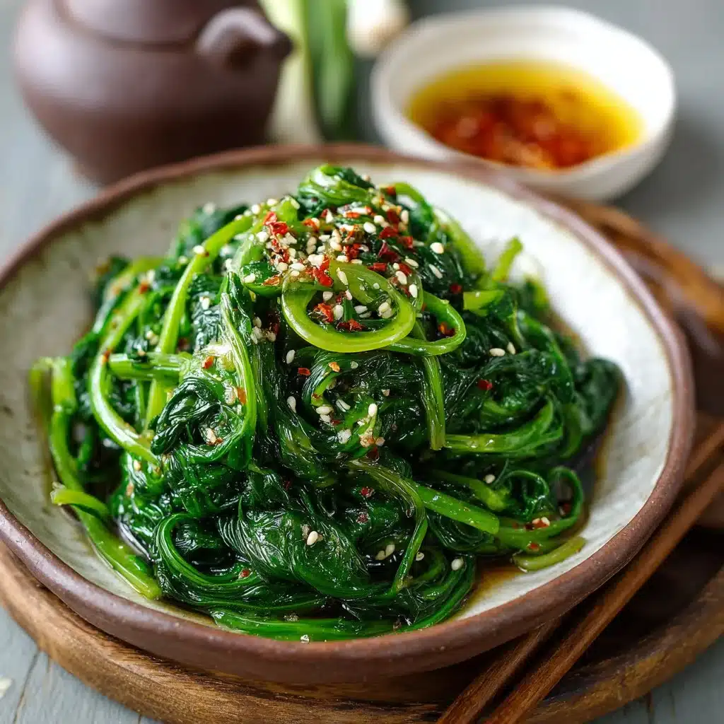 Bowl of Korean Spinach Salad (Sigeumchi Namul) garnished with sesame seeds.