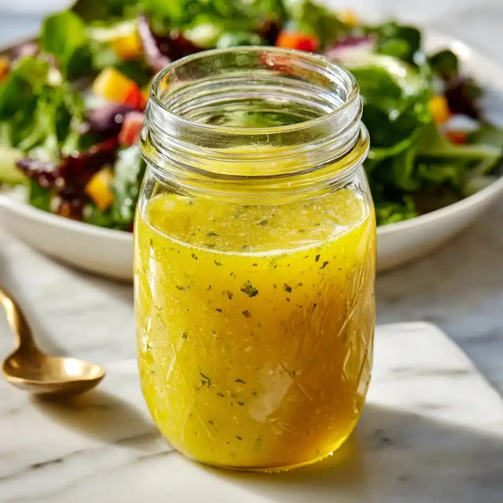 Fresh homemade lemon vinaigrette drizzled over a colorful salad.