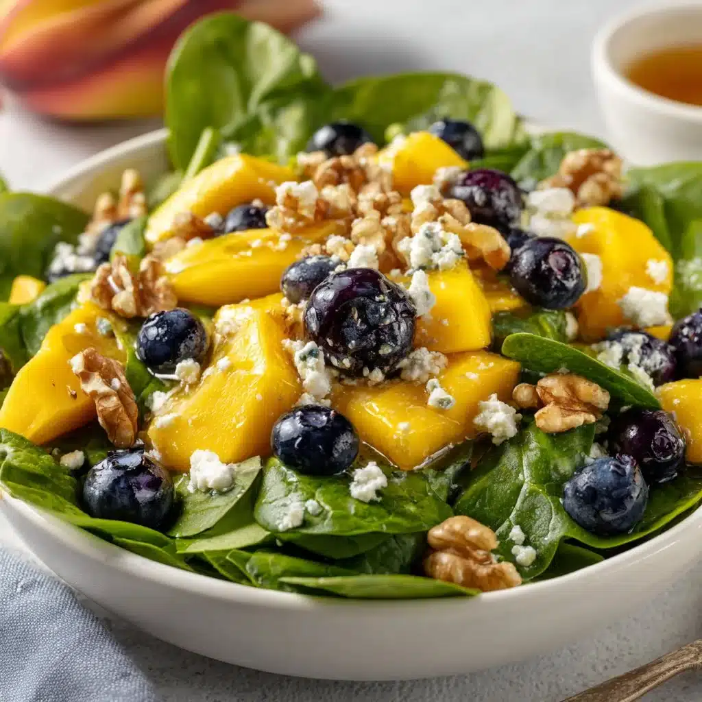 Refreshing Mango and Blueberry Salad with Spinach, Walnuts, and Feta Cheese 3 Mango Blueberry Salad with spinach, walnuts, and feta cheese on a plate