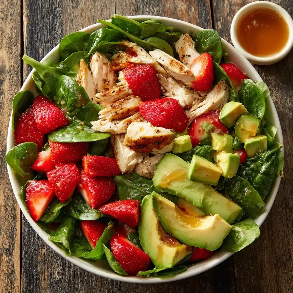 Delicious Strawberry Avocado Spinach Salad with Chicken on a plate