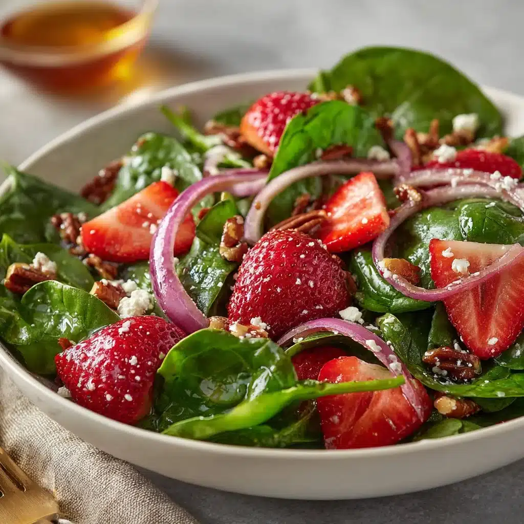 Delightful Strawberry Spinach Salad with Homemade Balsamic Vinaigrette 3 Strawberry spinach salad with homemade balsamic vinaigrette on a wooden table