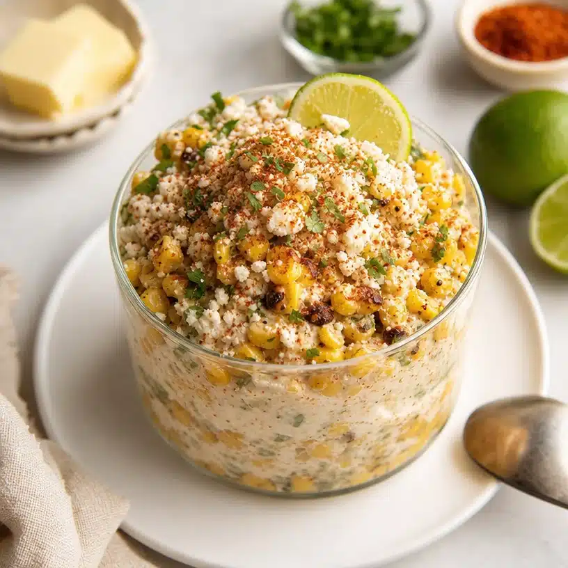 Delicious Mexican Street Corn served in a cup with toppings