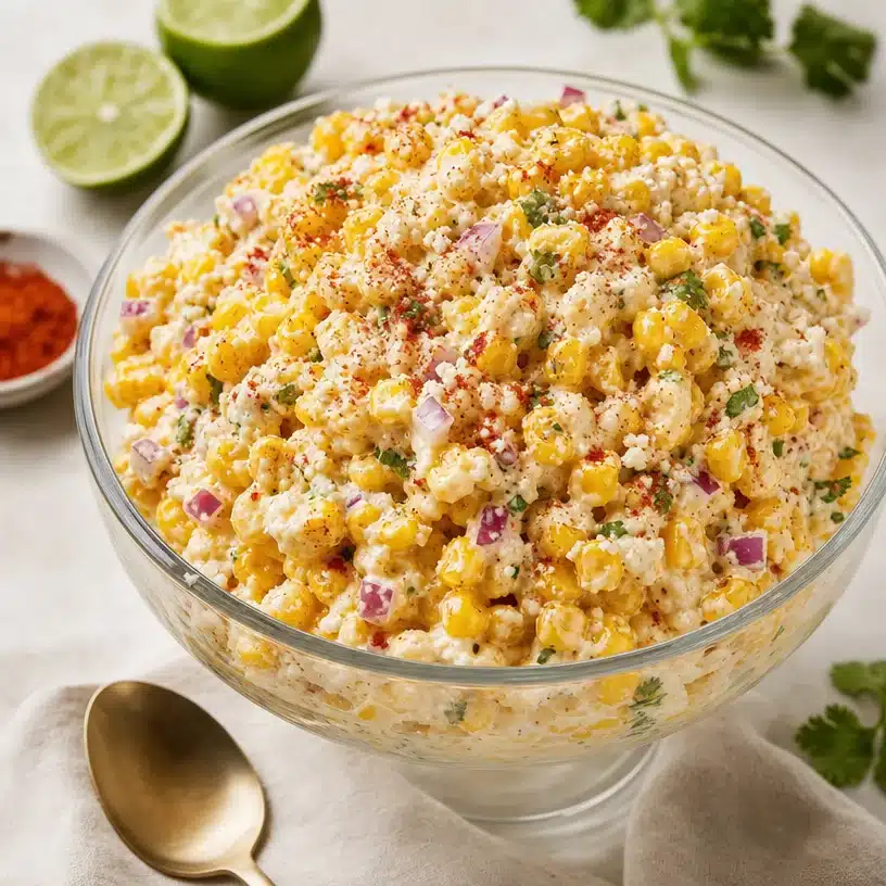 Colorful corn salad with fresh vegetables and herbs in a bowl.